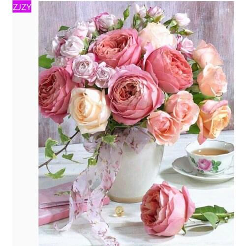 Flower Diamond Painting Rose Vase 5D DIY Diamond Embroidery Full Round Rhinestone Mosaic Cross-Stitch Sewing Hanging Picture