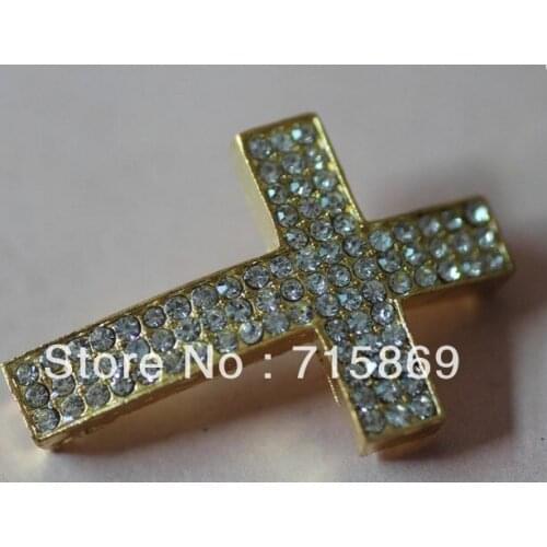 Free Shipping 43x29x5mm 10pcs white rhinestone gold bottom alloy cross connectors links.pave cross bracelet beads