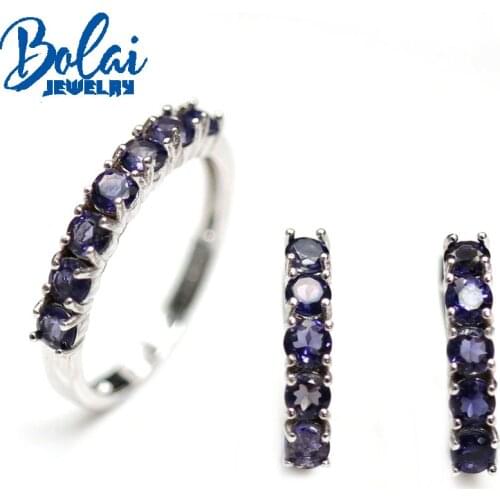 Bolai 925 Sterling Silver Ring Earrings natural Iolite round 3.0mm set simple design suitable for everyday wear boutique jewelry