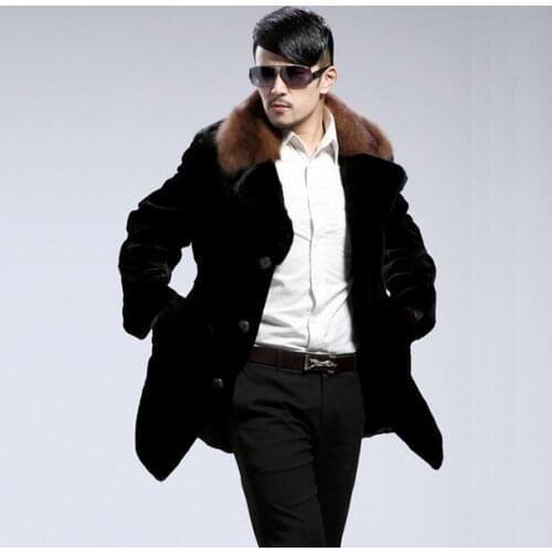 Black warm short faux Mink rabbit fur coat mens leather jacket men coats Single-breasted Villus winter loose thermal outerwear