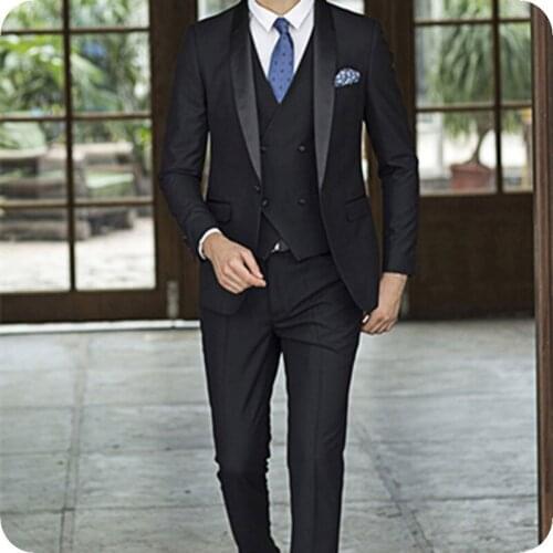 Black Men Wedding Suits Groom Wear Slim Fit Terno Tuxedos 3 Pieces (Jacket+Pants+Vest) Prom Groomsman Suits Cotume Homme Blazer