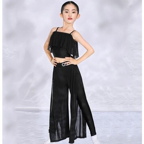 Children Dance Clothes Latin Dancing Short Top Trousers Girls Ballroom Samba Costume Gatsby Training Wear Black Split Set 4182