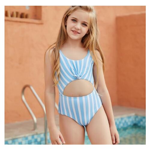 Kids Girls Summer kids Swimsuit Children Cute Striped Print U-shaped Neck Hollow Out Knot Swimwear Beach Outfits