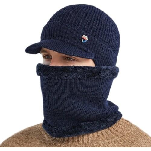 Men Winter 2 Pcs Set Visor Brim Earflap Beanie Hat with Circle Scarf Knitted Thicken Plush Lined Skullies Baseball Cap Windproof