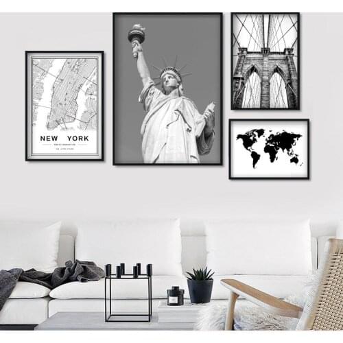 New York Map Brooklyn Bridge Statue Of Liberty Wall Art Canvas Painting Nordic Posters And Prints Wall Pictures For Living Room