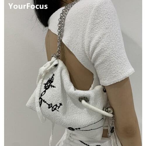 Harajuku Korean Black And White Embroidered Baguette Bag Punk Chain Soft Axillary Pouch Mini Underarm Bag Goth Handbag