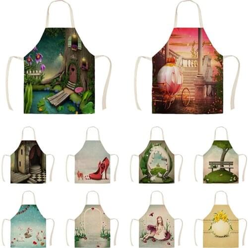 Kitchen Cooking Apron Cuff Fairy Tale Castle Bunny Princess Cotton Linen Bib Household Cleaning Pinafore Cooking Apron WQTX25