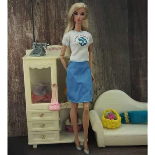 Fashion 11.5" Doll Outfit Set White Shirt Top Blue Skirt Doll Clothes for Barbie Accessories FR Kurhn Clothing 1/6 Dollhouse Toy