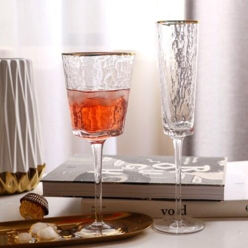 Wholesale Hammer Pattern Gold Rim Grey Pink Black Rainbow Amber Red Wine Glassware Champagne Flutes Glass Cups Goblets