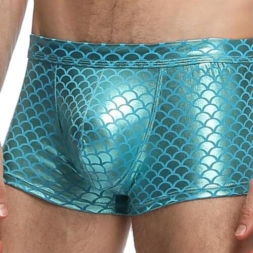 Mens Boxer Shorts Gay Underwear Male Panties Sexy Fish Scale Faux Leather Glitter Homme Boxershorts Men Erotic Stage Show Tights