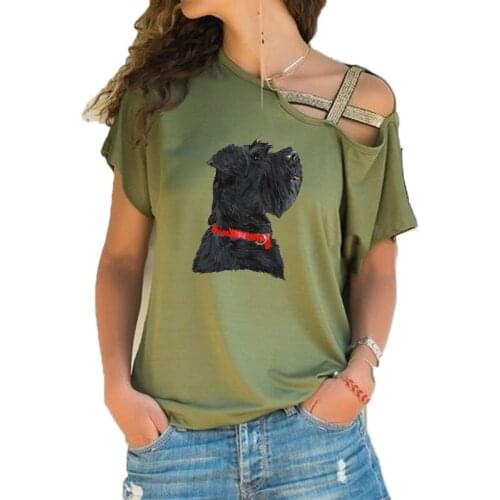 New Summer Miniature Black Schnauzer Head Print Funny Teeshirt Women Short sleeve Loose Irregular Skew Cross Bandage Tops Tee