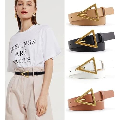 New Design Women Leather Thin Belt Metal Triangle Pin Buckle Waist Belts Fashion Brand Ladies Dress Shirt Decorative Waistband