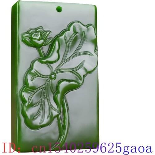 Green Jade Lotus Pendant Natural Carved Amulet Jewelry Women Fashion Gifts Jadeite Chinese Crane Necklace Men Hand Charm