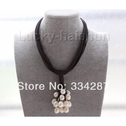 Popular 15row 14mm white pearls wine red leather necklace magnet clasp