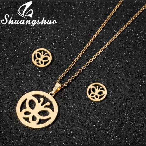 Shuangshuo Bohemian Style Hollow Butterfly Pendant Necklace Earrings Elagant Animal Stainless Steel Jewelry Sets for Women Gift
