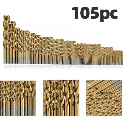 105Pcs Titanium Twist Drill Bit Coated High Speed Steel Set Tool For Woodworking Hand Drill Titanium Straight Handle Drill Bit