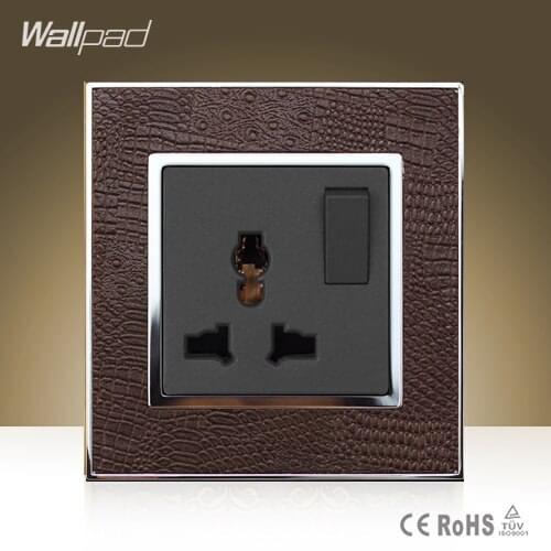 Wallpad Hotel Universal Switched Socket Goats Brown Leather Frame AC 110V-250V 1 Gang 1 Way and Universal Socket, Free Shipping