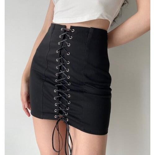 WOMENGAGA Summer Sexy Skirt Women Fashion Trend Solid Color High Waist Cross Bandage Package Hip Mini Hot Skirts BHYO