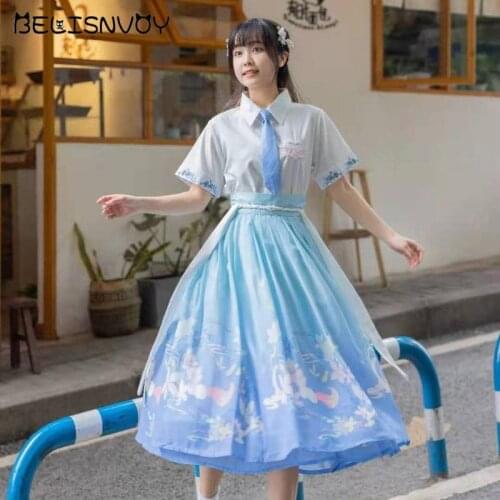 Fairy Hanfu Womens Summer Lapel Shirt Gradient Color Printed Skirt Han Element Daily Student Waist Chinese Style Two-piece Set