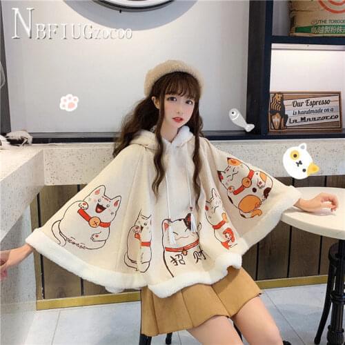 Kawaii Cat Printed Warm Women Capes Hooded Harajuku Students Female Ponchos