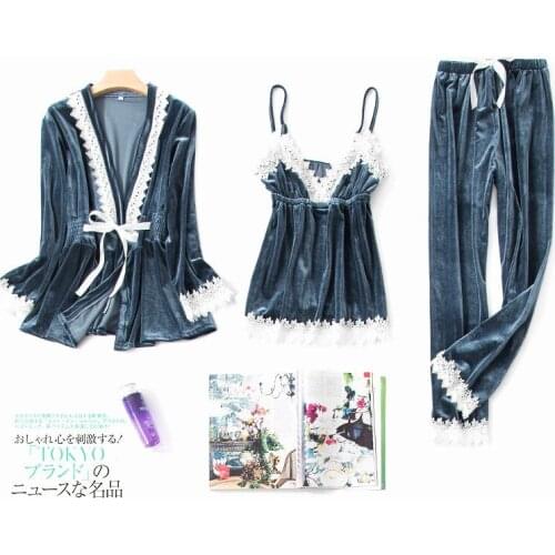 Women Pajamas Set 3 Pcs Pajamas Sexy Gold Velvet Sleepwear Female Home Clothes Warm Winter Home Service Pyjamas Suit Nightwear