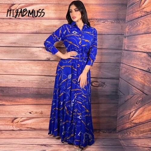 Women Muslim Hijab Shirt Dress Maxi Long Sleeve Buttoned Down Belted Abaya Dubai Turkey Arabic Islamic Modest Outfit Blue Robe