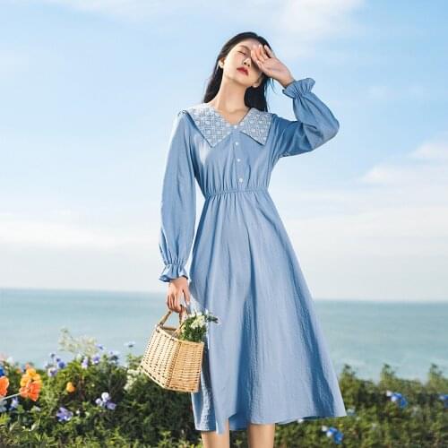 INMAN Spring Autumn Womens Baby Collar Dress Slim Waist Embroidered High Waist Long Flare Sleeve A-Line Mid Long One Piece