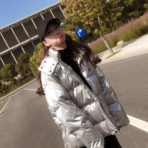 2018 Winter Fashion New Silver Shiny Cotton Coat Thick Warm Jacket Female Loose Bread Coat Cotton Jacket Womens Jacket YYY347