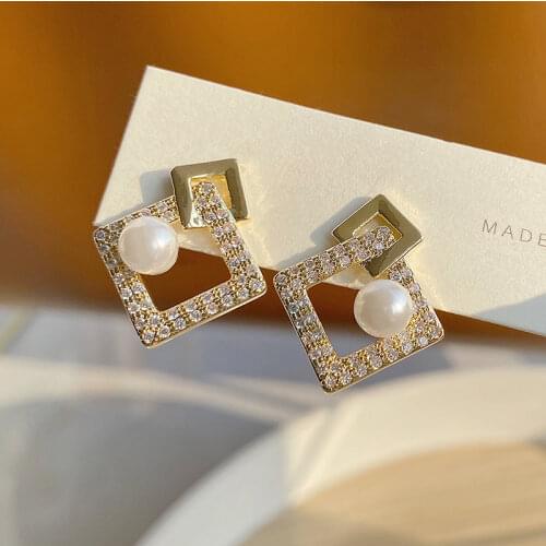 14K Gold Plated Elegant Pierced Square Stud Earrings for Women AAA Cubic Zircon Delicate Jewelry Pearl Earrings