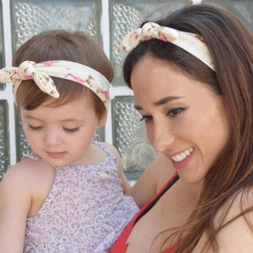 2Pcs/Set Floral Mum And Baby Headband Set Cute Rabbit Ear Soft Elastic Women Baby Girls Headban Toddler Baby Hair Accessories