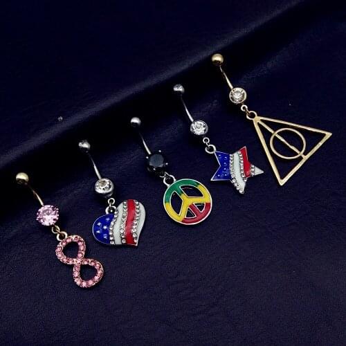 5pcs 2019 mix style heart star flag infinity Time converter peace dangle navel belly bar button rings body piercing jewelry