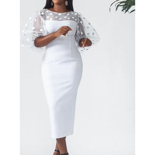 White Bodycon Summer Dress Sexy Mesh Polka Dot Print Lantern Sleeve Midi Office Robe Femme 2021 Maxi Party Casual Women Vestido