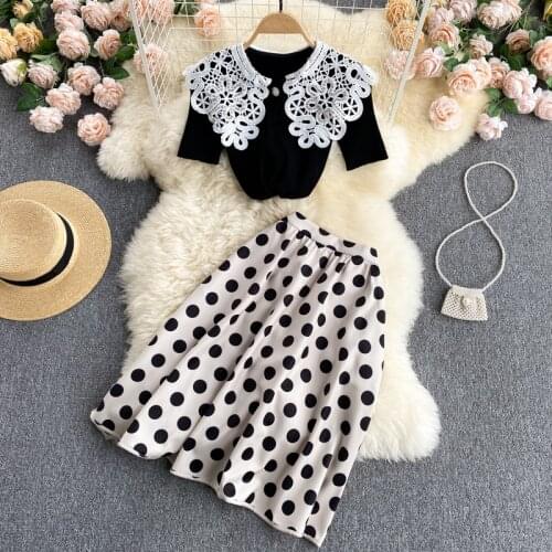 Elegant Ladies Suit Womens Summer Knit Short-Sleeved Tops All-Match All-Match Polka-Dot Skirts Fashion Two-Piece Trend