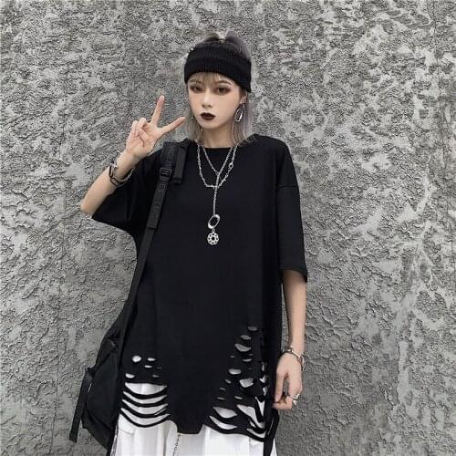 Summer Korean Wild Short-sleeved T-shirt Ins Dark Series Harajuku Style Loose Tops Bf Hole Men And Women Bottoming Shirt Tide