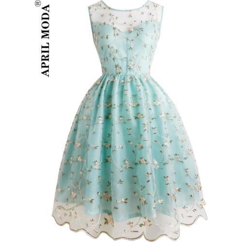 Flowers Embroidery Lace Dress V Neck Sleeveless A-Line Party Jurken Casual Swing Sundress Mesh Women Vintage Formal Vestidos