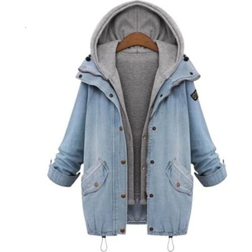 Women Button Up Ladies Denim Jacket Hooded Two Piece Female Jeans Plus Size Korean Casual Loose Outerwear Harajuku