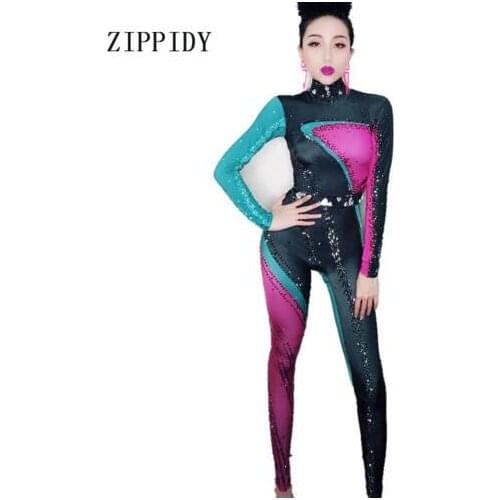 Fashion Colorful Rhinestones Jumpsuit Long Sleeves Big Stretch Sexy Bodysuit Nightclub Party Costume One-piece Dance