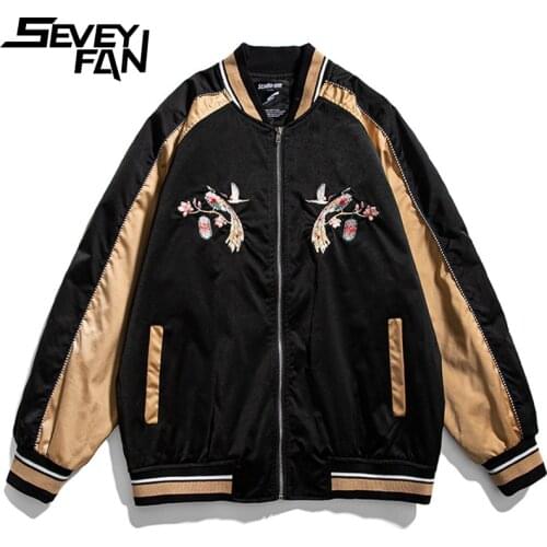 SEVEYFAN Mens Harajuku Crane Embroidery Baseball Jacket Hip Hop Patchwork Coat Streetwear for Couples