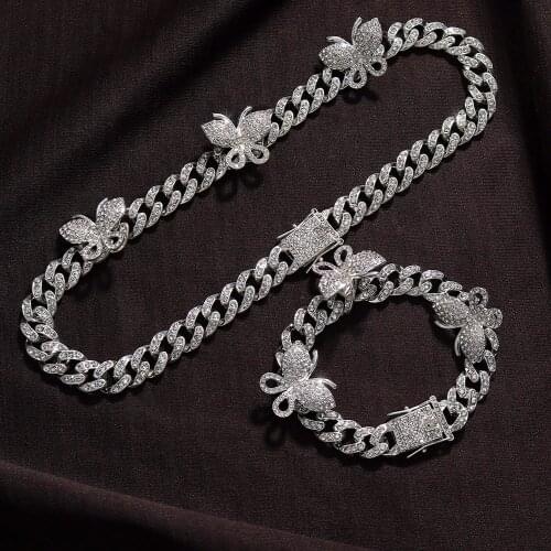 Hip Hop Iced Out Paved Rhinestones Set 12mm Full Curb Butterfly Cuban Chain CZ Braclet Bling Rapper Necklaces for Men Jewelry