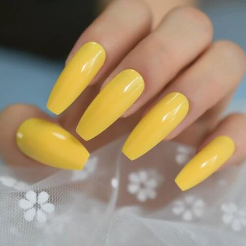 Neon Bright Leon Yellow Press on False Nails Extra Long Coffin Ballerina Shape UV Gel Glue On Fingersnails Free Adhesive Tapes