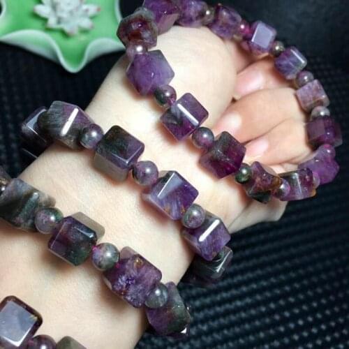 Natural Cacoxenite Auralite 23 Red Purple Bracelet Canada 7x7mm Rare Women Cube Beads Rutilated Genuine AAAAAA