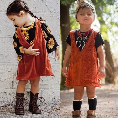 Toddler Kids Baby Girls Sleeveless Dress Infant Girl Ruffle V-neck Velvet Solid A-line Dresses