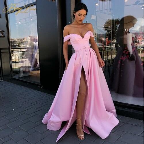 Off Shoulder Satin Evening Dresses Long Sexy Sweetheart High Slit Evening Gown Elegant High Waist Prom Dress Robe De Soiree 2020