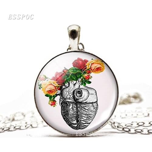 Heart With Flowers Art Pendant 25mm Glass Cabochon Necklace Heart With Flowers Art Jewelry Birthday Wedding Gift For Her