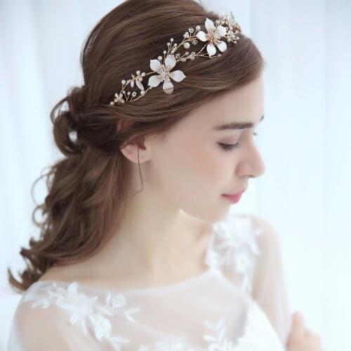 Trendy Wedding Headband tiara Pearl flower Hair Vine Bridal Headpiece Gold Handmade Bride Hair Jewelry Wedding Hair Accessories