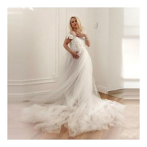 New In Empire Tulle Maternity Dresses Lace Appliques Long Train For Photo Shoot Plus Size Pregnancy Gowns