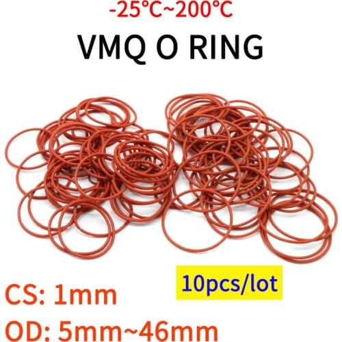 10pcs VMQ O Ring Seal Gasket Thickness CS 1mm OD 5 ~ 46mm Silicone Rubber Insulated Waterproof Washer Round Shape Nontoxi Red