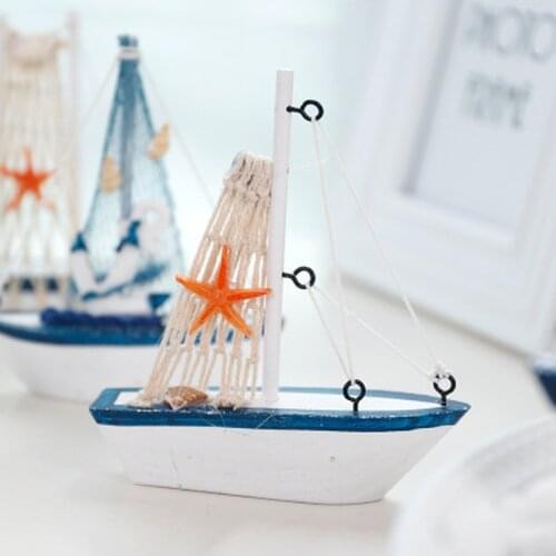 Vintage Mediterranean Style Marine Nautical Wooden Blue Sailing Boat Ship Wood Crafts Ornaments Party Home Room Decoration