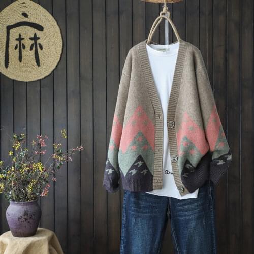 Retro literary color matching long-sleeved v-neck knitted cardigan womens spring and autumn loose all-match sweater top casual