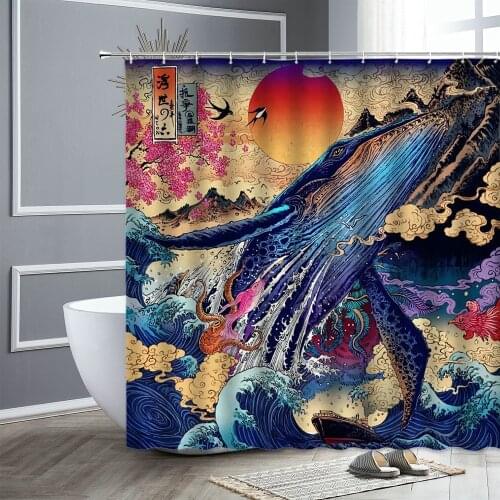 Japanese Ukiyoe Shower Curtain Whale Octopus Sunset Ocean Pattern Waterproof Fabric Bathroom Decor Bathtub Screen Bath Curtains